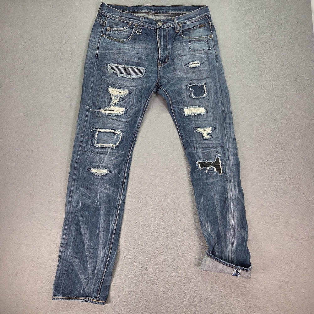 RPTN Selvedge Jeans Mens Blue Distressed Patchwork Zip Fly Denim Fits 32x32